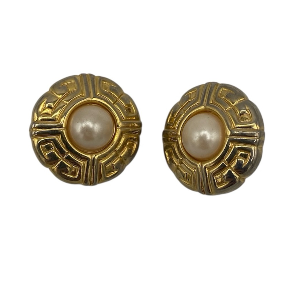 Vintage 1980s GIVENCHY Paris New York Goldtone Logo Faux Pearl Clipon Earrings